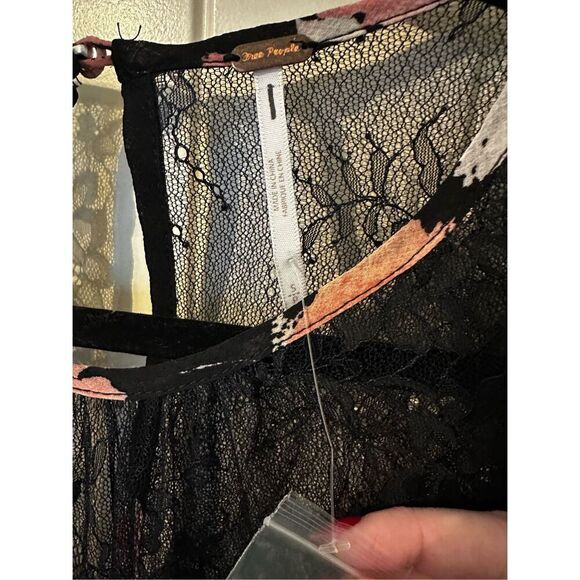 NWOT Free People Daphne Lace Floral Smocked Long Sleeve Black Pink Top Small - Picture 6 of 13